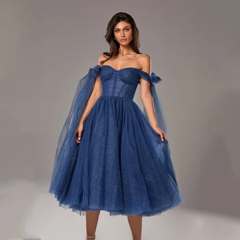 14752 # Темно-синие платья для выпускного вечера, блестящее Арабское вечернее платье чайной длины с открытыми плечами, Корсетное вечернее платье для выпускного