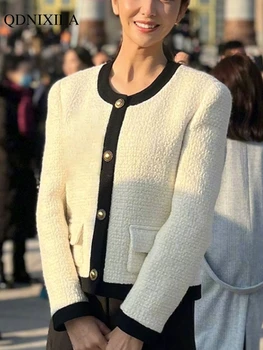 2023 Весна-осень, короткая твидовая женская куртка Celebrity Windy Sweet с круглым вырезом, модное элегантное черно-белое женское пальто в тон.