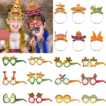 6шт Реквизит для фотосессии на мексиканских фестивалях и вечеринках бумажные очки в форме гитары, шляпы, резинки для волос, украшения для мексиканской вечеринки, подарок для детей