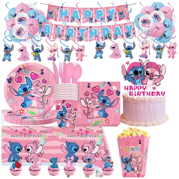 Disney Pink Stitch Party Deco Бумажная Тарелка Салфетки Скатерть Воздушный Шар Тема Розового Ангела Детский Душ Для Вечеринки в честь Дня Рождения Девочки