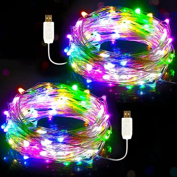 Fairy Lights 100LED Рождественские гирлянды с дистанционным таймером, разноцветные USB-гирлянды, 2 режима, уличные гирлянды, внутренние гирлянды