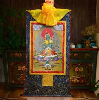 FYH 61 * 37 см 24 стиля Зеленая Тара Четырехрукий Будда синие картины со свитками Тханка Шелковая вышивка живопись