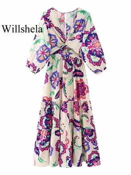 Willshela Женское платье Миди с модным принтом, винтажное платье с V-образным вырезом и рукавами три четверти, шикарные женские платья