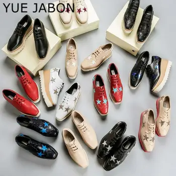 YUE JABONwoman/ Лоферы со звездами; Женские Туфли на танкетке с толстой подошвой и квадратным носком на шнуровке; Увеличивающие рост звездные туфли; женские 35-41
