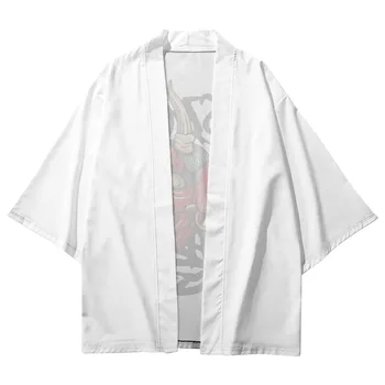Белый Хаори Для мужчин Harajuku Японское Аниме с принтом Демона Юката Самурайское Кимоно Уличная одежда Традиционный Косплей Кардиган Одежда