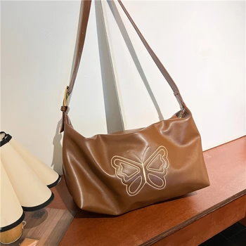 Винтажная женская сумка через плечо с коричневой вышивкой бабочкой Женские сумки подмышками Модные сумки-бродяги большой емкости