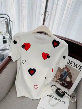 Дизайнерская футболка с вышивкой Love с короткими рукавами, женский летний новый короткий вязаный свитер высокого класса
