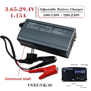 Зарядное Устройство для Литиевой батареи Lifepo4 3,65 В 14,6 В 29,2 В 15A Светодиодное Зарядное Устройство С Регулируемым Напряжением 3,65-29,2 В и током 1-15A Алюминиевый Корпус