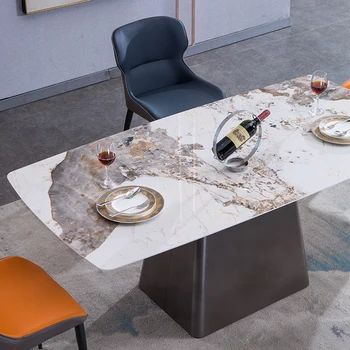 Изготовленный на заказ итальянский стол и сочетание стульев прямоугольный дизайнерский семейный обеденный стол в ресторане, легкий роскошный стол из нержавеющей стали