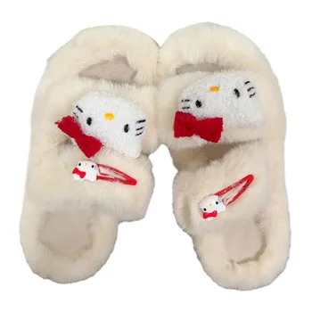 Каваи Санрио Аниме Hello Kitty Тапочки Мягкие Удобные Модные плюшевые домашние тапочки с сердечками для подростков Рождественский подарок на День Рождения