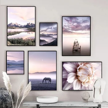 Картина с пейзажем фиолетового озера, горы Тяньма, моря, Цветущие цветы, Утренний пейзаж в тумане, Плакат с изображением украшения гостиной