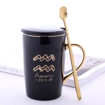 Керамическая кружка Twelve constellation с золотой ручкой lovers cup, креативная кофейная чашка из костяного фарфора с ложкой-крышкой