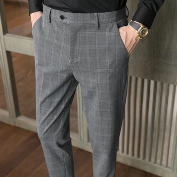Классические клетчатые деловые брюки, мужские повседневные офисные брюки, Высококачественные тонкие брюки для свадебного костюма жениха 2023, весна