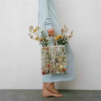 Летнее пляжное ведро с цветочным рисунком, женская прозрачная сумка-тоут, тканевая пляжная сумка, сумка с вышивкой, складные переносные продуктовые сумки-тоут 2023New