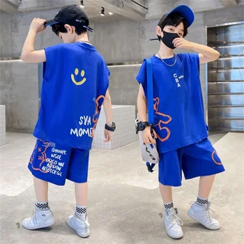 Летний спортивный костюм для мальчиков, детская футболка с коротким рукавом + шорты, 2 шт. Повседневная хлопковая уличная одежда для мальчиков-подростков