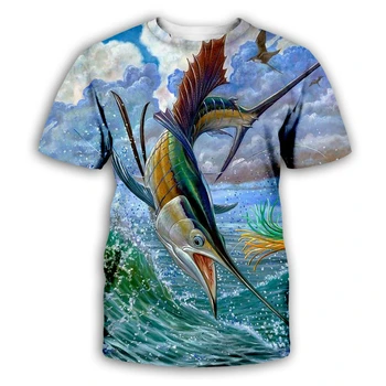 Летняя мужская футболка с принтом глубоководной рыбы, повседневная рубашка с воротником-стойкой, уличная мода, Harajuku, короткие рукава