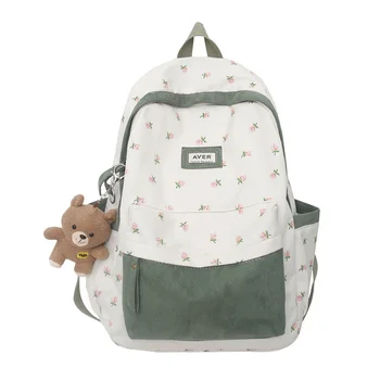 Милый женский рюкзак для колледжа, женская дорожная студенческая сумка, женский рюкзак для ноутбука, модная женская нейлоновая фланелевая сумка с цветочным рисунком Kawaii