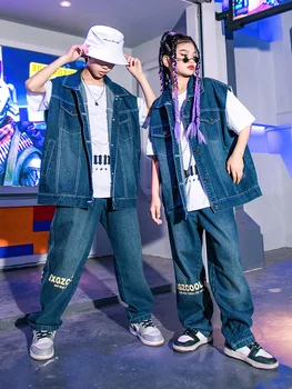 Модный детский костюм 2023 года, джинсовый жилет, Брюки, одежда для танцев в стиле хип-хоп, одежда для джазовых выступлений Для мальчиков и девочек, одежда для концертной группы BL10323