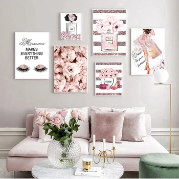 Модный розовый плакат для украшения комнаты девушки, Духи, ресницы, губы, Принт на высоких каблуках, Художественная роспись, Настенная печать, картинка для салона красоты