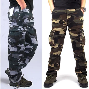 Мужские камуфляжные брюки из чистого хлопка, брюки-карго, спортивные тренировочные военные брюки с несколькими карманами, Свободные Прямые комбинезоны
