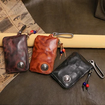 Мужской кожаный бумажник для ключей первого слоя, короткий винтажный автомобильный держатель для ключей ручной работы, футляр для карт, сумка-органайзер, ключница