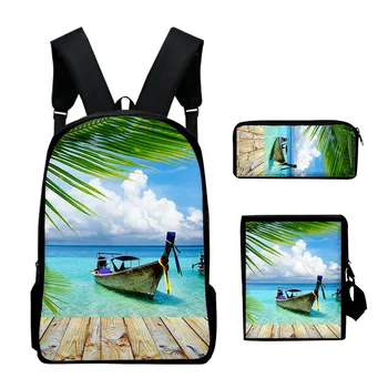 Мультяшный Прохладный летний приморский пейзаж, 3 шт./компл. рюкзак с 3D принтом, школьная сумка для книг, рюкзак для ноутбука, сумка через плечо, пенал