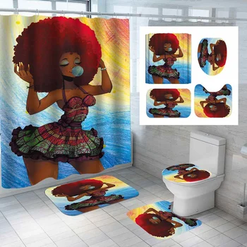 Набор водонепроницаемых занавесок для душа для афроамериканских женщин, африканские занавески для ванной комнаты с ковриками, чехол для сиденья унитаза, нескользящий коврик для ванной