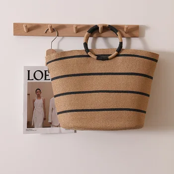 Портативная плетеная сумка из соломы большой емкости Ring, Новая плетеная сумка-тоут в полоску, женская пляжная сумка для отдыха, женская сумка для пляжа