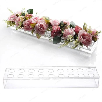 Прозрачная акриловая длинная ваза для цветов, прямоугольная ваза для обеденного стола, свадебное украшение, подарочная коробка с розами и подсветкой