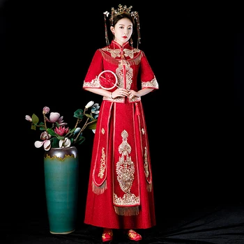 Свадебное платье Невесты в традиционном Китайском стиле с воротником-стойкой Qipao, Вечернее платье для тостов, Восточный Чонсам