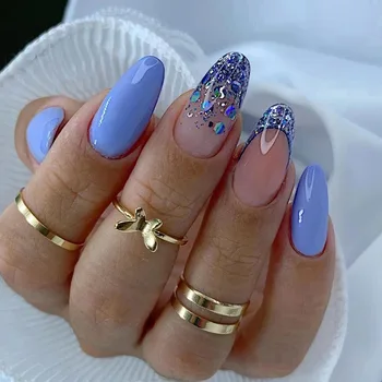Синие Однотонные накладные ногти с блестками во Французском стиле, уникальный Дизайн ногтей с пайетками средней длины, Многоразовый Маникюр, аксессуары для ногтей