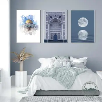 Современная голубая исламская мечеть Ташкента Мусульманская картина на холсте Настенное искусство Картина Пейзаж Лунного озера Плакаты и принты Домашний декор