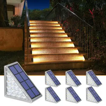 Солнечный светильник для лестницы, датчик света IP68, Водонепроницаемый Белый Теплый свет, треугольник 3000 К 6500 К, Супер яркий Солнечный садовый светильник