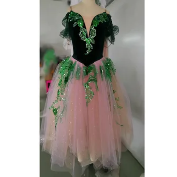 Темно-зеленое Розовое блестящее изумрудное балетное платье, длинное романтическое платье для выступлений с застежкой-крючком на спине, доступно по индивидуальному заказу