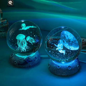Уникальный хрустальный шар Ночные огни Светящаяся Морская медуза Астронавт USB Питание Теплый прикроватный светильник Рождественский подарок для детей Ночник