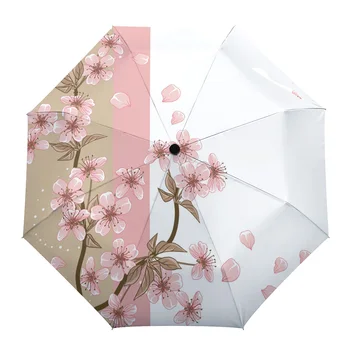 Цветущий персик, падающие листья, Неавтоматический зонт от дождя, складной зонт, Трехстворчатые уличные зонты