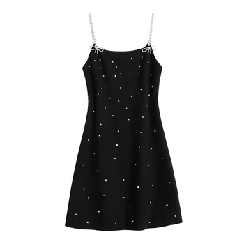Черное платье со сверкающим бриллиантовым ремешком для женщин 2023 Весна /лето, сексуальные короткие платья с ремешками