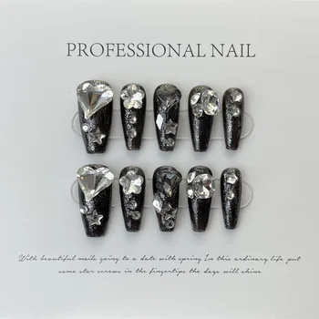 Черный гроб ручной работы Y2K, прижимающийся к ногтям с 3D-шармами, дизайн Корейских Многоразовых клейких накладных ногтей, Искусственный Акриловый нейл-арт