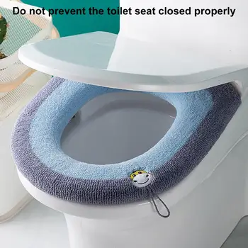 Чехол для сиденья унитаза с ремешком, простая установка, 4 сезона, O-образный вязаный коврик для туалета, ежедневное использование